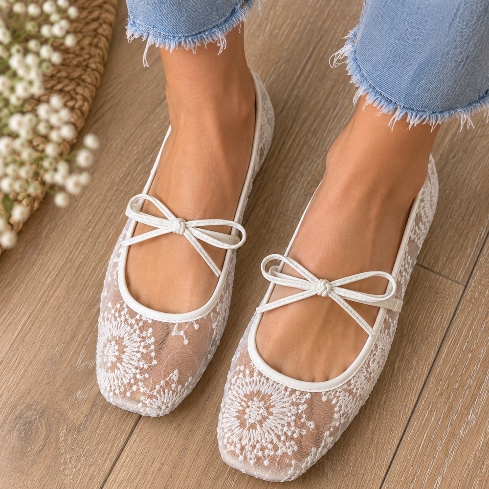 White Floral Lace Mesh Ballet Flats Square Toe Bow Strap Shoes Size 38
